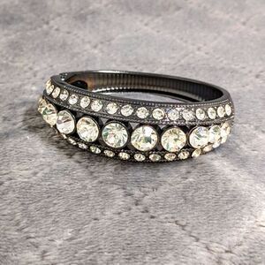Vintage Gunmetal and Clear Rhinestone Hinged Bracelet